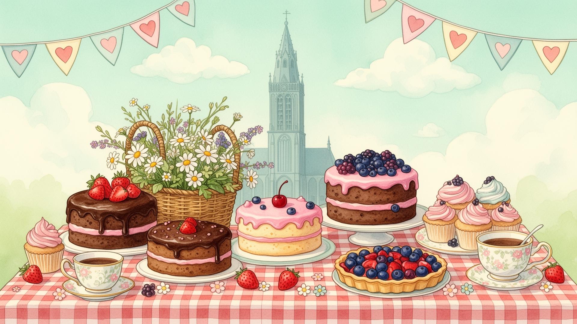 Taarten op een picknickkleed met de Groninger toren
